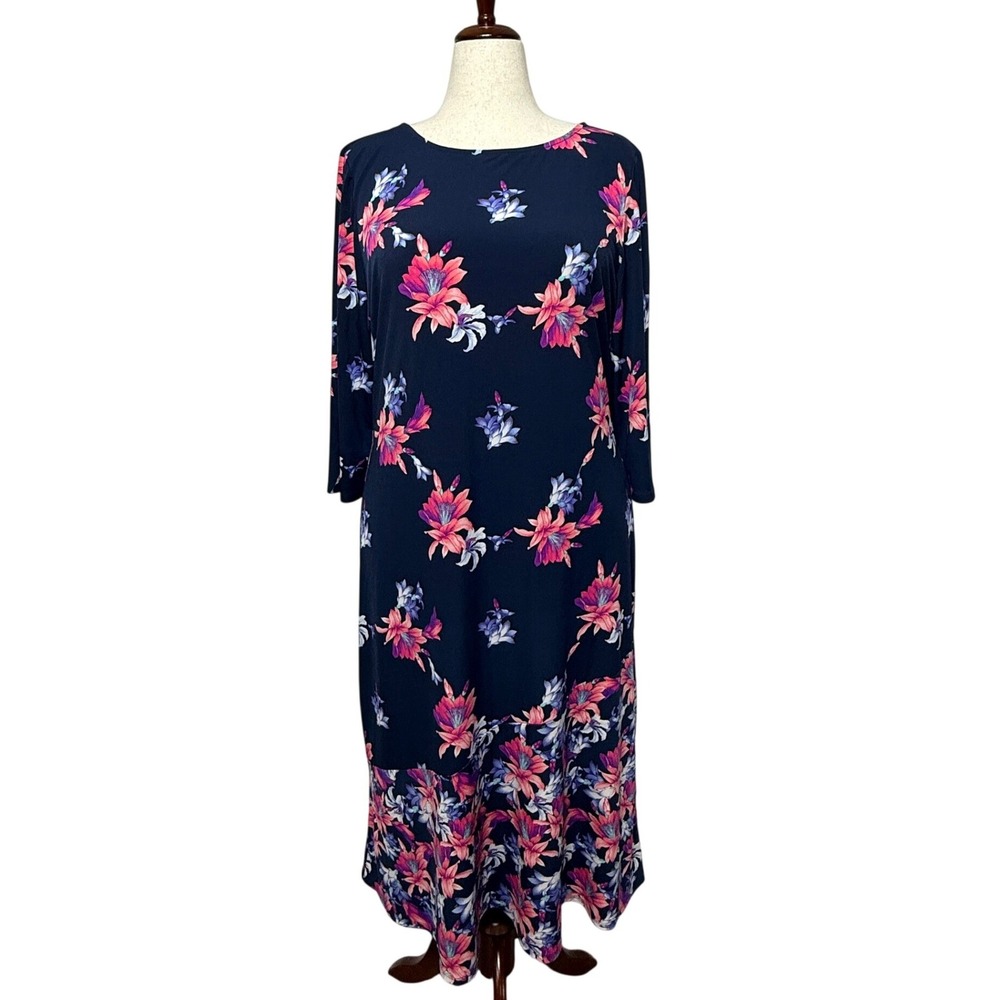 Tommy Bahama Dress Womens XL Navy Blue Floral Midi 3/4 Sleeve Tropical Stretch